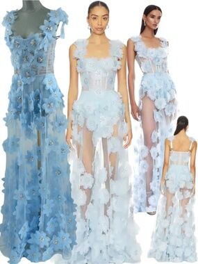 🆕 BRONX & BANCO 🧿 NWOT Rosalie Floral-Appliqué Tulle Gown, Powdr Blue SzXLUS10